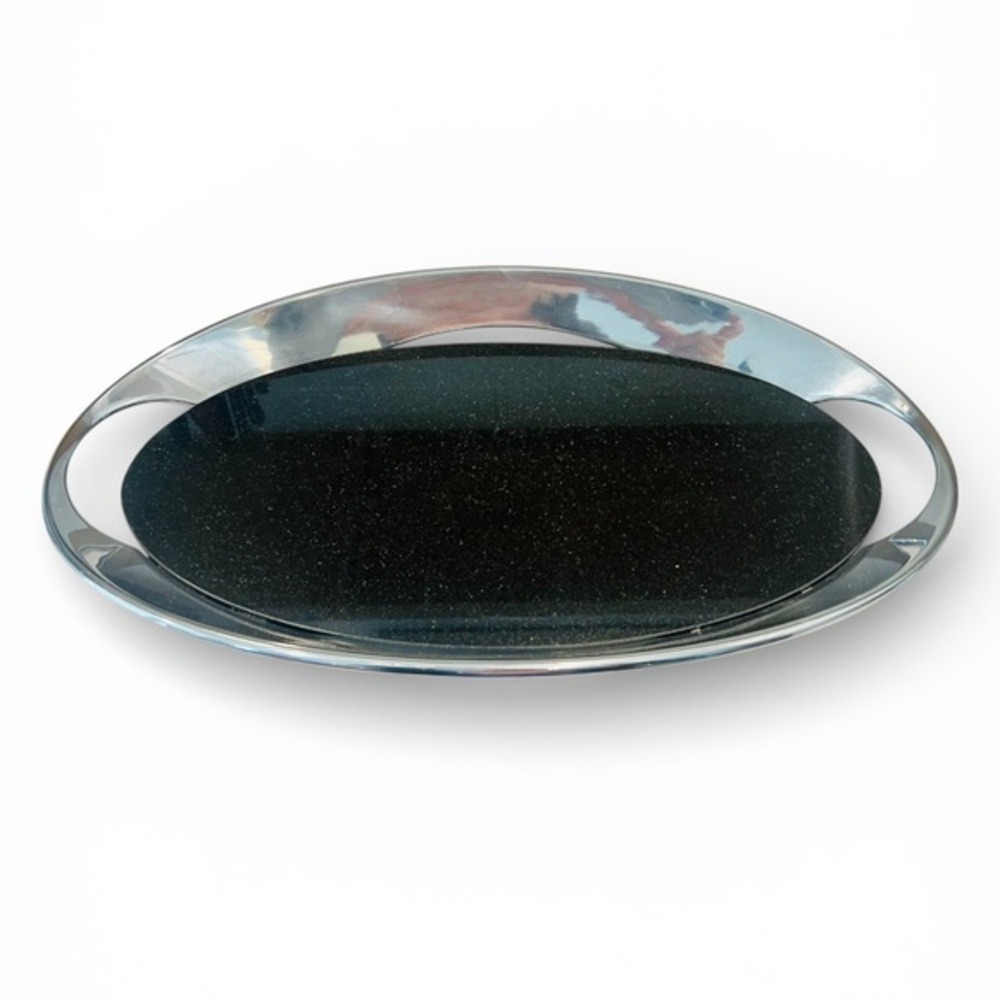 Nambe Modern Oval Serving Tray 18.5” x 11” Black Granite Inlay Chrome Handles